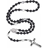 HANDMADE Catholic 8mm Beads Rosary for Men Wearable Large Black Rosary Necklace with Miraculous Medal Rosaries Catholic Gifts