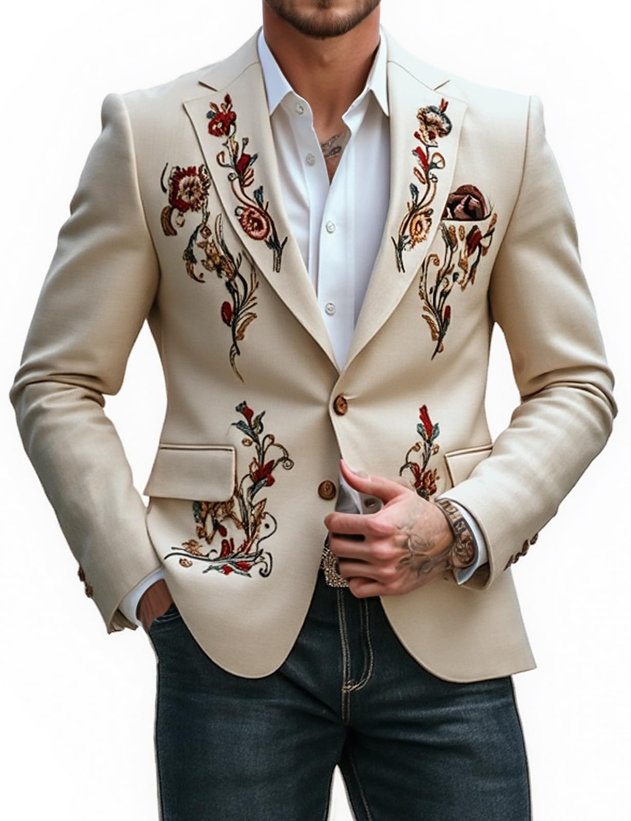 Photo 1 of Men's Embroidered Cotton Linen Blazer Vintage Western Style Tailored Fit Lightweight Jacket Casual Semi-Formal Occasions (US, Alpha, Large, Regular, Regular, Beige)