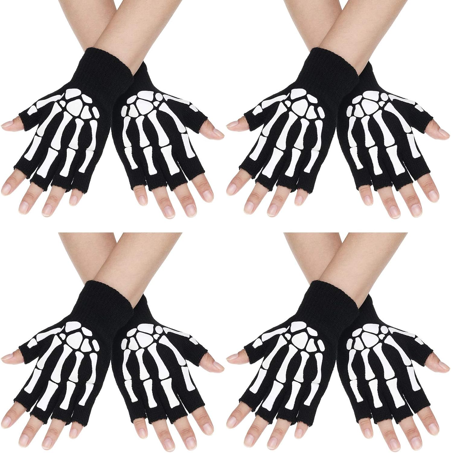 4 works Halloween Skeleton Half Finger Gloves Unisex Skull Fingerless Stretch Knitted Gloves Winter Hand Warm Gloves (Style 1)