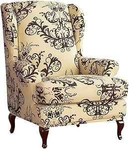Feian 2pcs Wing Chair Slipcovers Stretchy Wingback Armchair Covers Spandex Polyester Sofa Covers Leaves Printed Furniture Protector (Coffee)