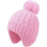 MEJORMEN Toddler Baby Winter Hat with Earflap Kids Warm Twisted Knit Beanie with Pom Pom Kids Ski Hat for Infant Girls Boys