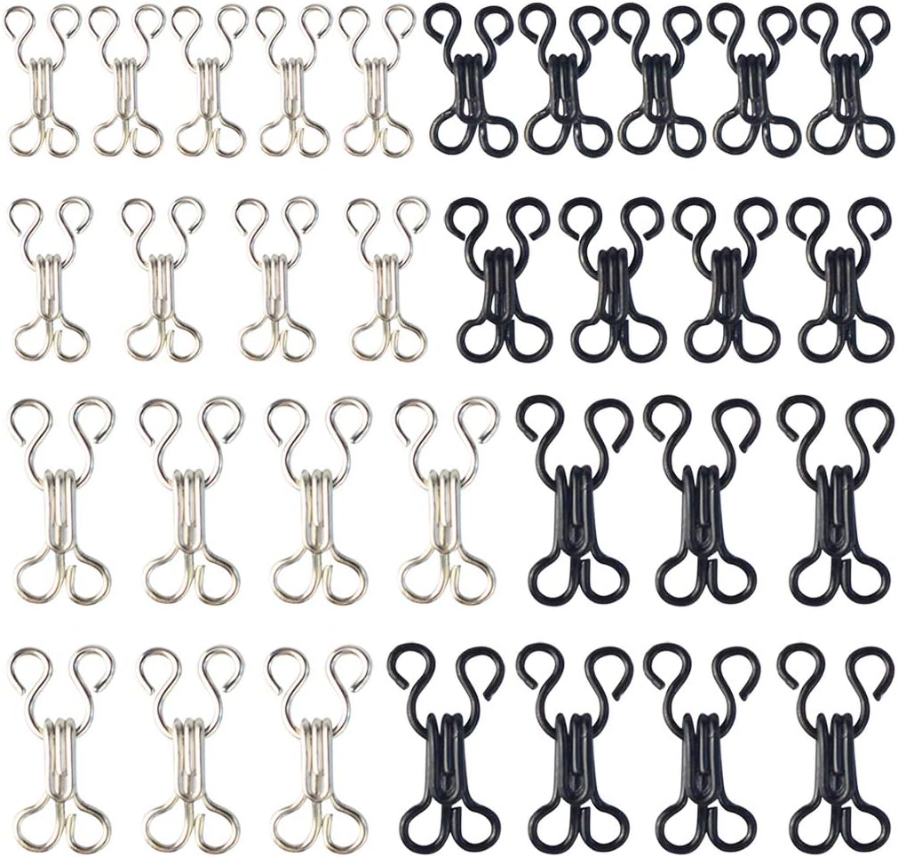 mifengdaer 60 Set Sewing Hooks 3 Sizes Metal Eyes Closure Bra Hooks Clothing Fasteners for Bra and Trousers Skirts Clothing Repair (Silver and Black)