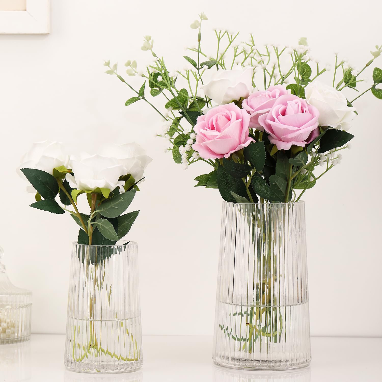 Photo 1 of MARTAGE Ribbed Flower Vases Set of 2, Clear Vases for Flowers, Flower Vase for Bouquet, Modern Ribbed Glass Vase for Living Room, Bedroom, Dining Table, Office, Wedding, Centerpieces