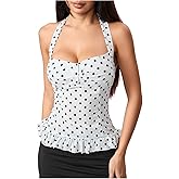 SweatyRocks Women's Y2K Ruffle Tie Halter Ruched Polka Dots Print Fitted Going Out Tops Summer Camisole