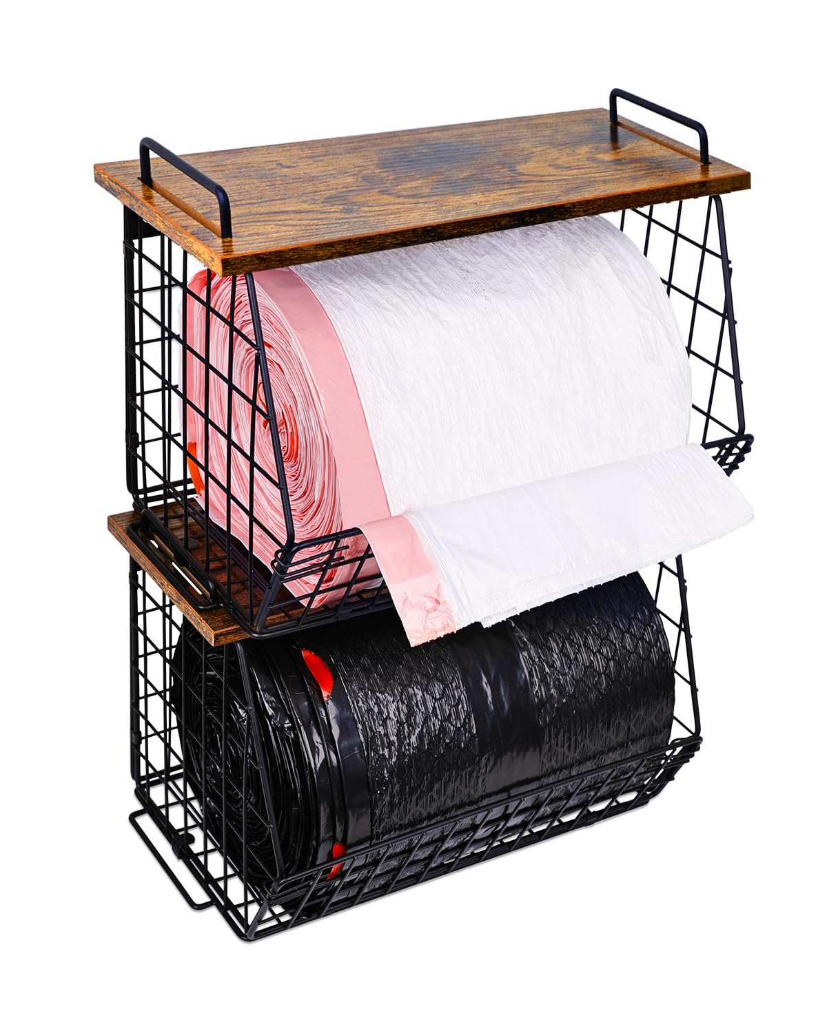 Photo 1 of 2 Pack Stackable Extra Large Trash Bag Holder Under Sink, Wall Mounted Garbage Bag Dispenser Roll Holder for 13/33 Gallon Trash Bags, Kitchen/Pantry/Laundry Room Organization Basket Storage Bin