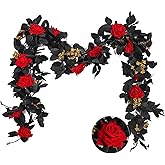 RECUTMS Artificial Halloween Garlands 5.6FT Silk Red Roses Flower Vine Hanging Silk Floral Fall Leaf Wreath for Halloween Gothic Wedding Floral Table Centerpiece Arrangement Teepee Mirror Decor