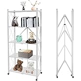 Yuanjimi 5 Tier Folding Shelf with Wheels,Metal Steel Collapsible Shelves,No Assembly Portable Shelves Organizer Rack,Rolling Standing Utility Rack for Kitchen, Pantry, Office, White