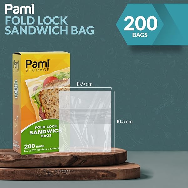 PAMI FOLD TOP SANDWICH BAG [200 PIECES] – DISPOSABLE PLASTIC SANDWICH BAGS WITH FOLD & CLOSE DESIGN- FOOD SANDWICH BAGGIES FOR LUNCH, OFFICE, TRAVELING- GREAT FOR SNACKS, FRUITS & MORE