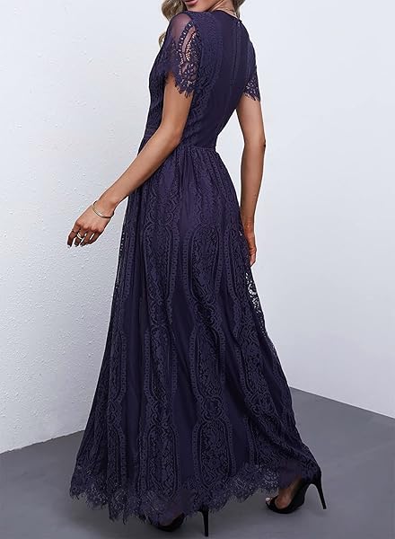 BDCOCO WOMEN’S V NECK FLORAL LACE WEDDING DRESS SHORT SLEEVE BRIDESMAID EVENING PARTY MAXI DRESS DEEP PURPLE