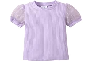 OPAWO Toddler Girl Shirts, Puff Dot Sleeve Baby Tee Shirt, Ribbed Short Sleeve T-Shirt, Solid Color Girls Tshirt Tops, 12M-7Y