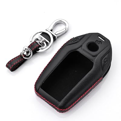 M.JVisun Leather Key Fob Case For Men Women Leather Key Fob Cover For BMW LCD Key, Smart Car Remote Key Pouch Bag With Key Rings Kit Key Chain Keychain Holder Metal Hook - Black