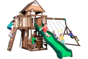 Backyard Discovery Mount Triumph Cedar Wood Swing Set with Wave Slide, Clubhouse, Rock Wall, Play Kitchen, Picnic Area, Belt Swings, Trapeze, Balconies, Playhouse, Ladder, Accessories, Outdoor Playset