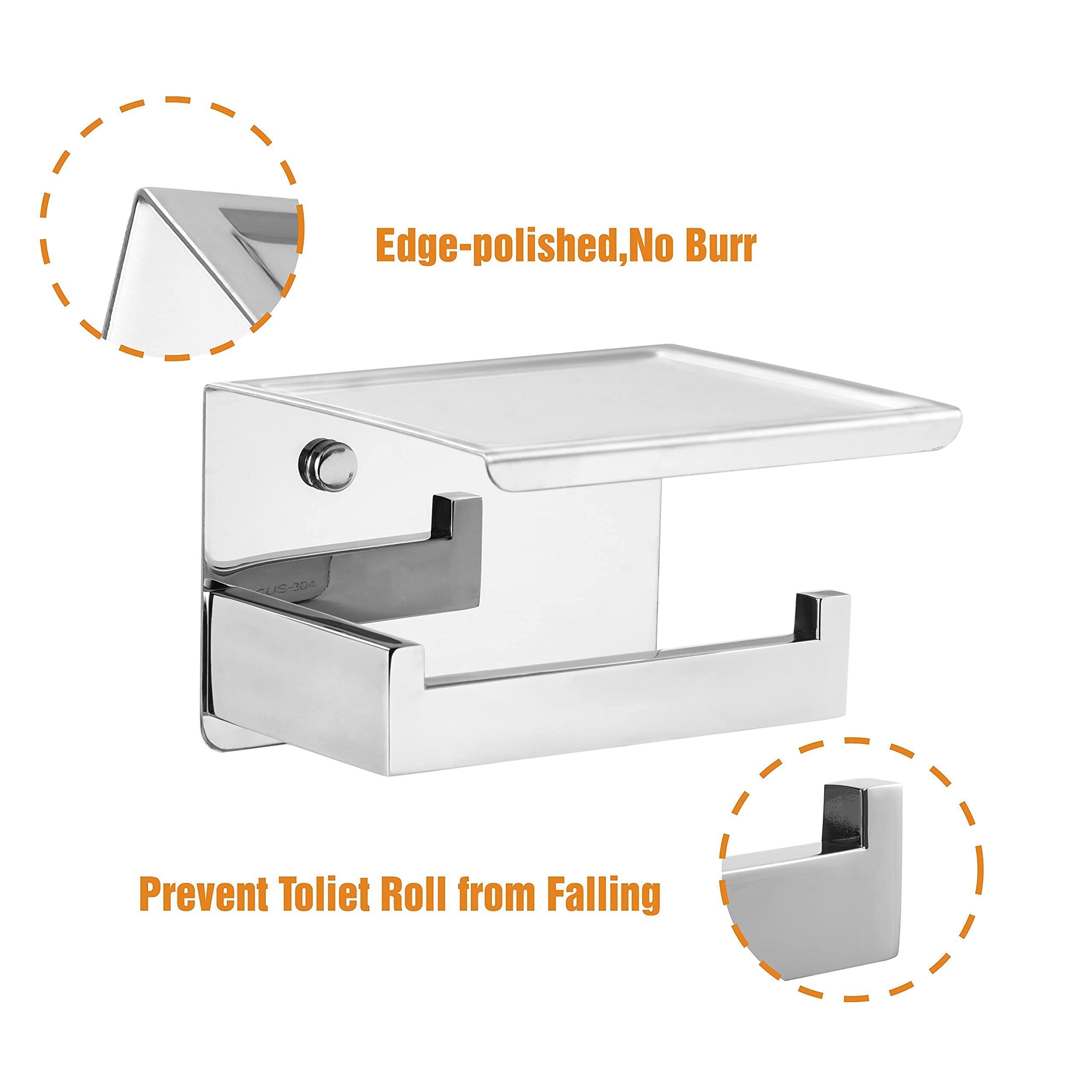 HITSLAM Chrome Toilet Paper Holder, Stick on Toilet Paper Holder with Shelf, Self Adhesive ...