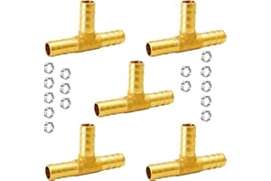NICOLEKAY 1/4" Brass Barb Tee Fittings T-Shaped 3 Ways Union Hose Barb Pipe Fitting with 15pcs Stainless Steel Pipe Clamp for Water/Fuel/Air (Pack of 5)