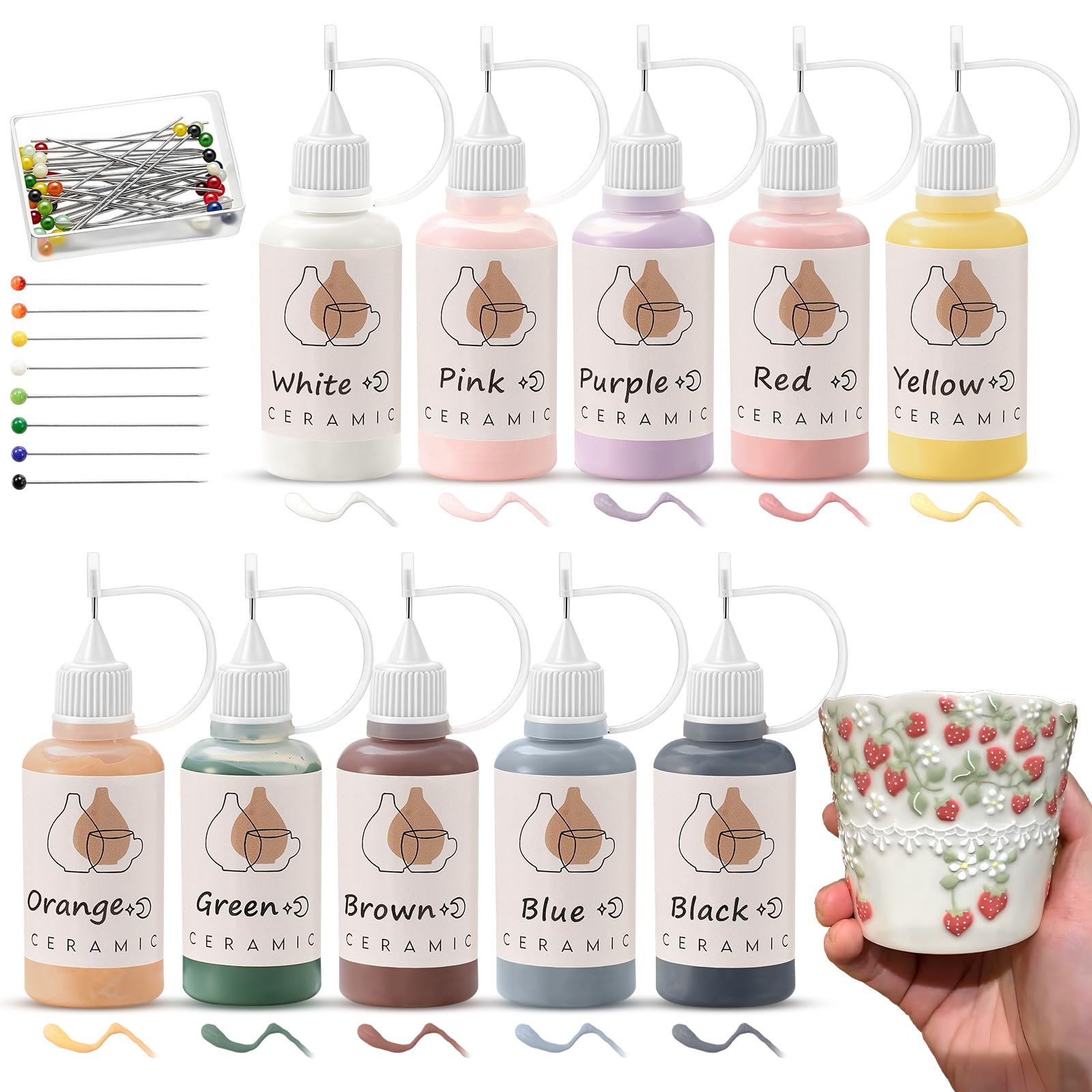 Photo 1 of Underglaze Set 10 Colors 1. 69 Fl Oz/50 ml Underglaze Transfers for Pottery Ceramic with Slip Applicator Precision Tips Set Ceramic Glaze for Pottery Paint for Clay Craft 3D Painting Craft Work