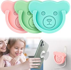 Car Grips Mount for Phone Stand Cute Bear Style Silicone Phone Holder with Phone line Clasp for Collapsible Grip/Socket Mount User Used on Dashboard, Home, Office, Kitchen, Desk, Wall (3 Colors)