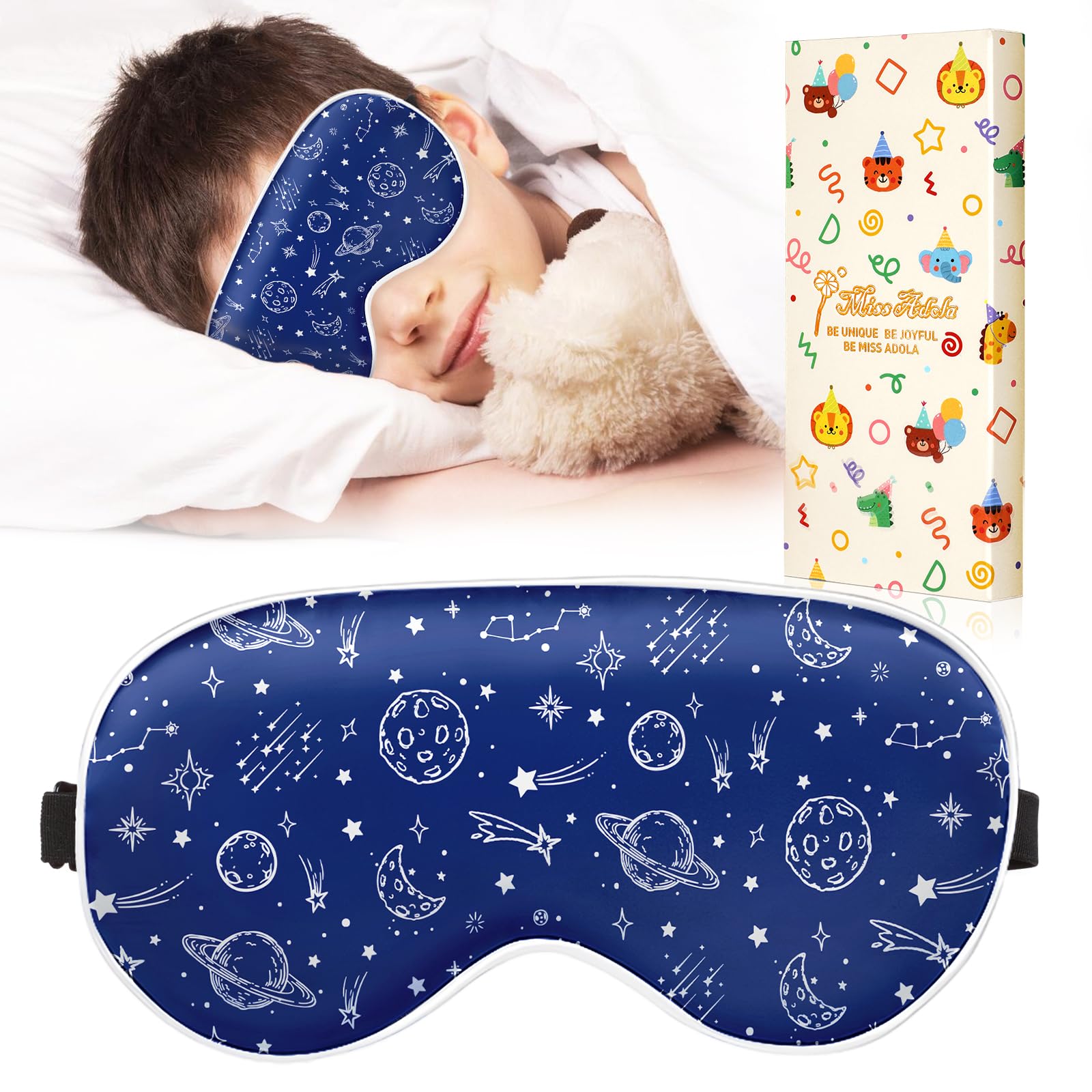 Photo 1 of Miss Adola Sleep Mask for Kids - Cute Cartoon Silk Eye Mask for Sleeping with Adjustable Strap Soft Smooth Light Silk Kids Eye Cover for Boys Girls Teens, Stars Moon