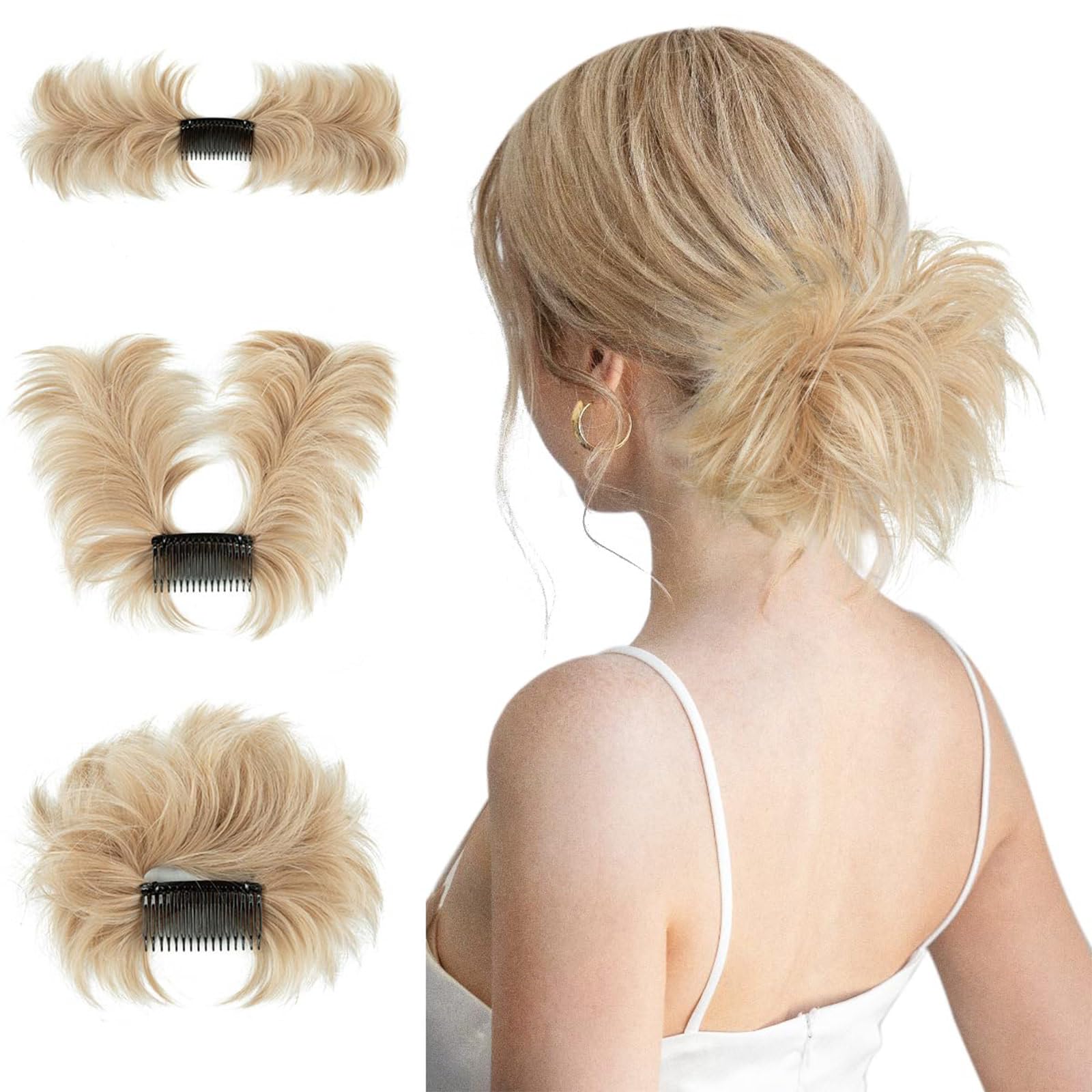 TRHDFW Messy Bun Hair Piece Side Comb Clip in Synthetic Hair Bun Hairpiece for Women Short Curved Versatile Adjustable Styles Easy Hair pieces (Light Wheat Blonde)