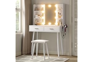 Furniouse Vanity Desk, Vanity Mirror with Lights, Makeup Table Set with Drawers, Vanity Set for Bedroom with 3 Lighting Modes Studio White