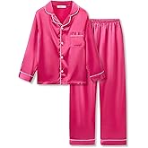 Beezizac Little & Big Girls Pajama Set Size 6-16 -Pink/Blue/Turquoise/Peach Satin Silky Cute Fall Winter Long Outfit
