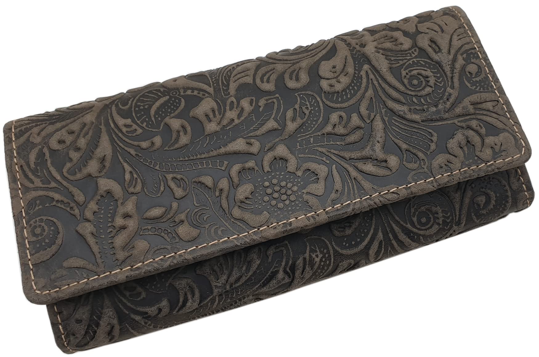 myledershop Large Leather Womens Purse with Beautiful Liana Pattern with fold-Out Compartment with RFID & NFC Blocking (Brown)