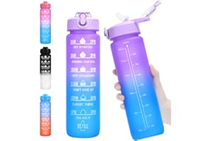 FLEEODAN Water Bottle with Straw, 32oz Motivational Water Bottles with Time Marker, LeakProof Tritan BPA Free,Sports Water Bottle with Handle for Women Man Gym Fitness Outdoor (Purple)