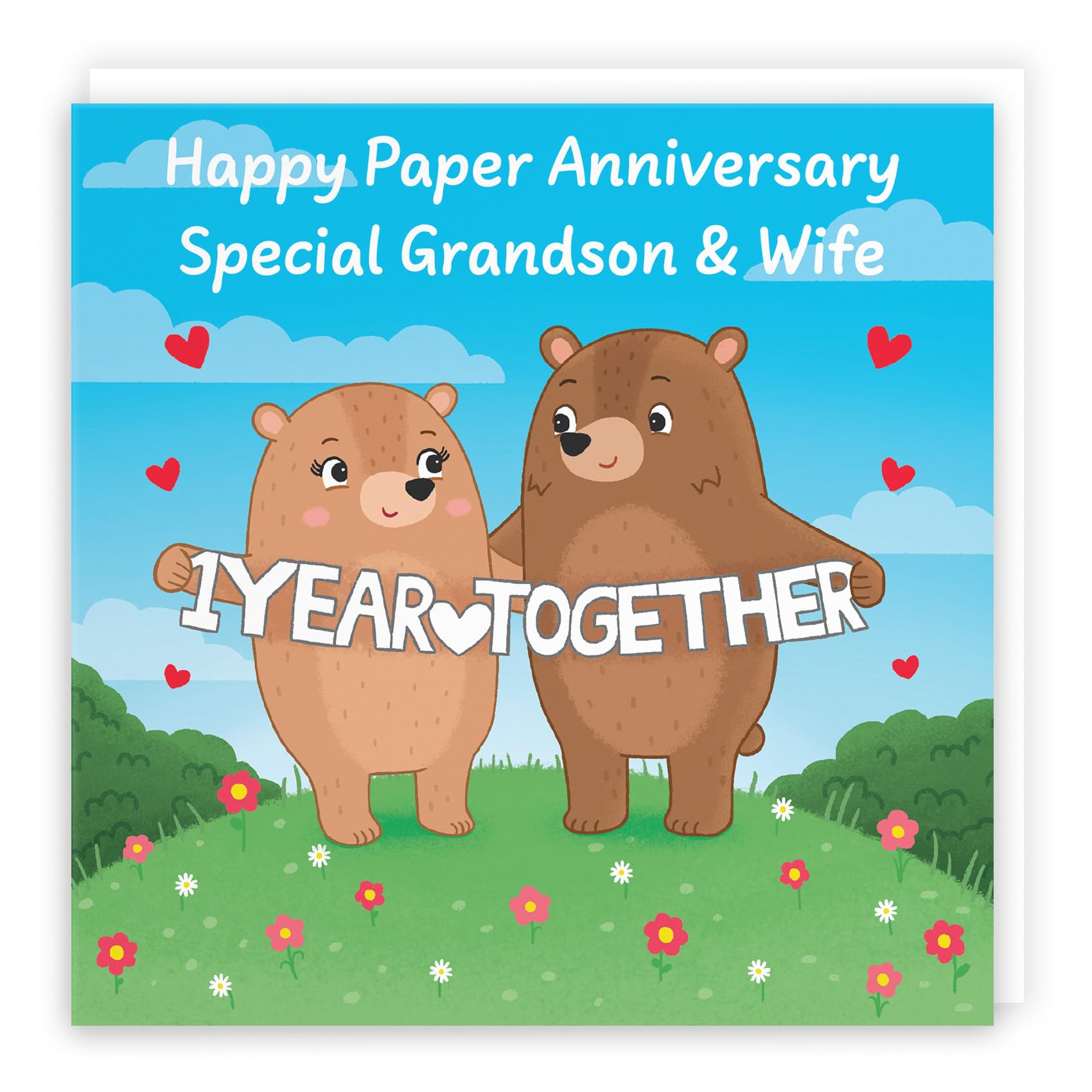 Hunts England - Grandson And Wife 1st Anniversary Card - Paper Anniversary - First Anniversary - 1 Year - Cute Fun Bears Card - Love Story Collection