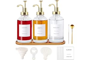 MUVEKA Coffee Syrup Dispenser for Coffee Bar, Glass Syrup Dispenser with Pump, Coffee Syrup Pump Dispenser Bottle with Tray, Spoon for Coffee Station, Coffee Bar Organizer, Golden,16.9 oz, 500 ml