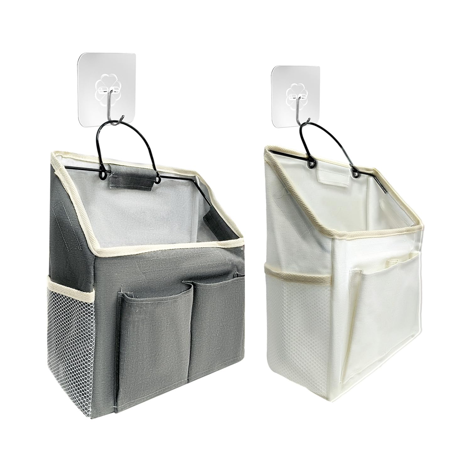 KVBUCC 2pcs Hanging Storage Bags with 2pcs Hooks, Bathroom Hanging Bag and Organizer, Wall Organizer, Clothes Storage (Off White, Gray)
