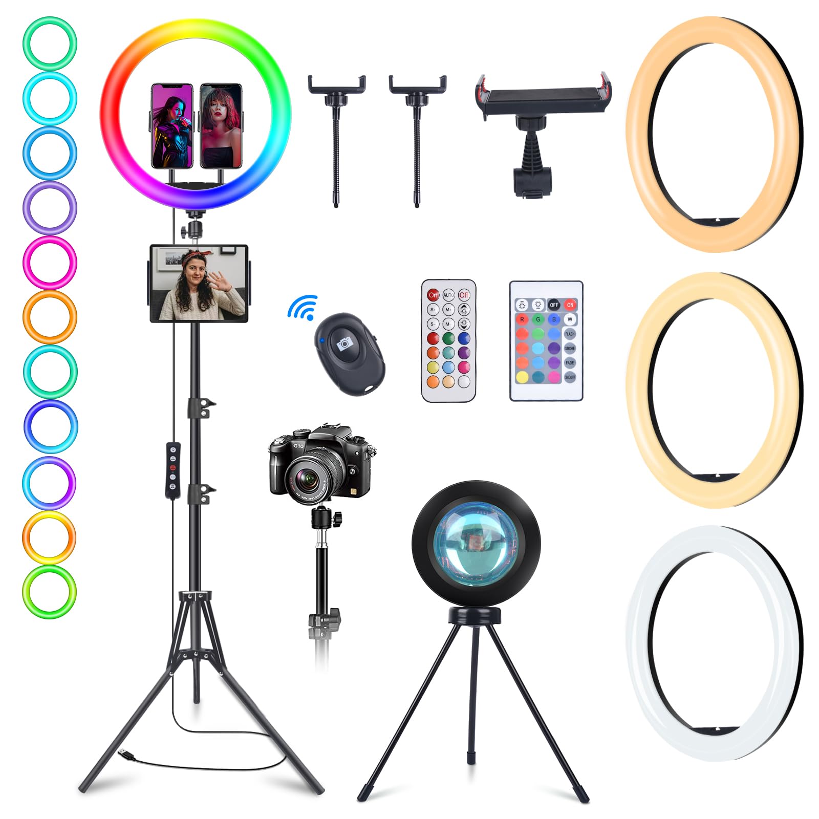 Photo 1 of 13" RGB Selfie Ring Light with Stand 76" Tall & 2 Phone Holders, Tablet Holder, Sunset Lamp & 51 Color Modes, Desk Tripod, 12 Dimming Levels Halo Light, LED Camera Ringlight for iPhone/TikTok/YouTube