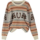 WDIRARA Women's Graphic Sweaters Crew Neck Long Sleeve Pullover Retro Vintage Knit Tops