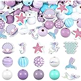 Buryeah 200 Pcs Mermaid Wooden Beads Ocean Mixed Purple and Pink Mermaid Tail Shaped Wood Beads for Summer Birthday Party DIY Crafts Garland Making