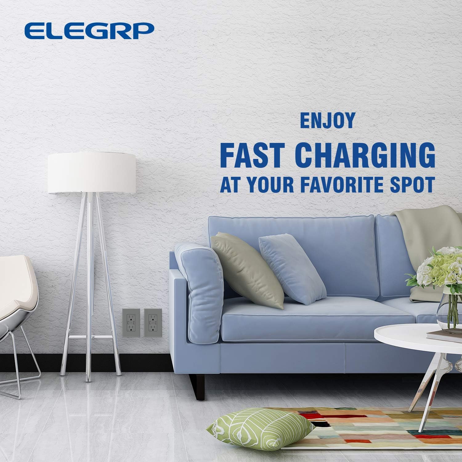 (6 Pack, Glossy Gray) ELEGRP USB Outlet Wall Charger, Dual High Speed 4.0 Amp USB Ports with Smart Chip, 15 Amp Duplex Tamper Resistant Receptacle Plug NEMA 5-15R, Wall Plate Included, UL Listed - - 