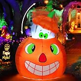 COMIN 5 FT Halloween Inflatables Animated Pumpkin Ghost Outdoor Decorations Blow Up Yard with Built-in LEDs for Indoor Party Garden Lawn Decor