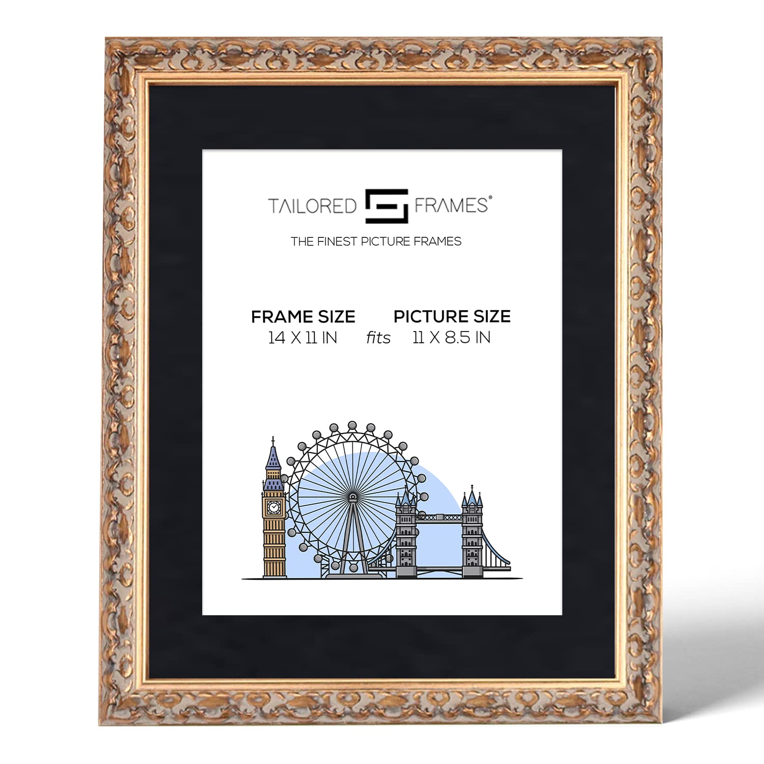 Tailored Frames Vienna Gold 14" x 11" Frame for 11" x 8.5" Picture | Rustic Style Vintage Single Picture Frame | Wall Hanging Type | Photo Frame with Black Mount