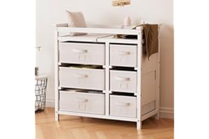 YUFU Changing Table, Nursery Dresser with 6 Storage Drawers, Safety Rails & Strap, Baby Diaper Changing Station, White