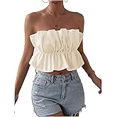 GORGLITTER Women's Strapless Bubble Tube Tops Ruffle Open Back Sleeveless Cute Summer Bandeau Peplum Crop Tops 2025