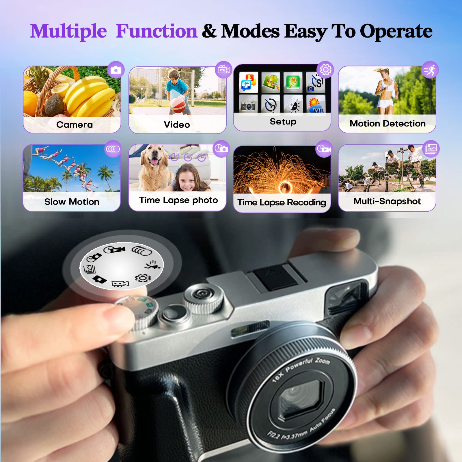 Jumobuis 4K Digital Camera Auto Focus 48MP Vlogging Video for YouTube Photography Cameras Beginners Travel Portable Compact Point and Shoot with Viewfinder Flash 32G Memory Card Silver ,DC202