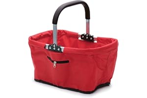 RSVP International Collapsible Market Basket Aluminum Frame, Large Zip Side Pocket, 17x11x18", Red