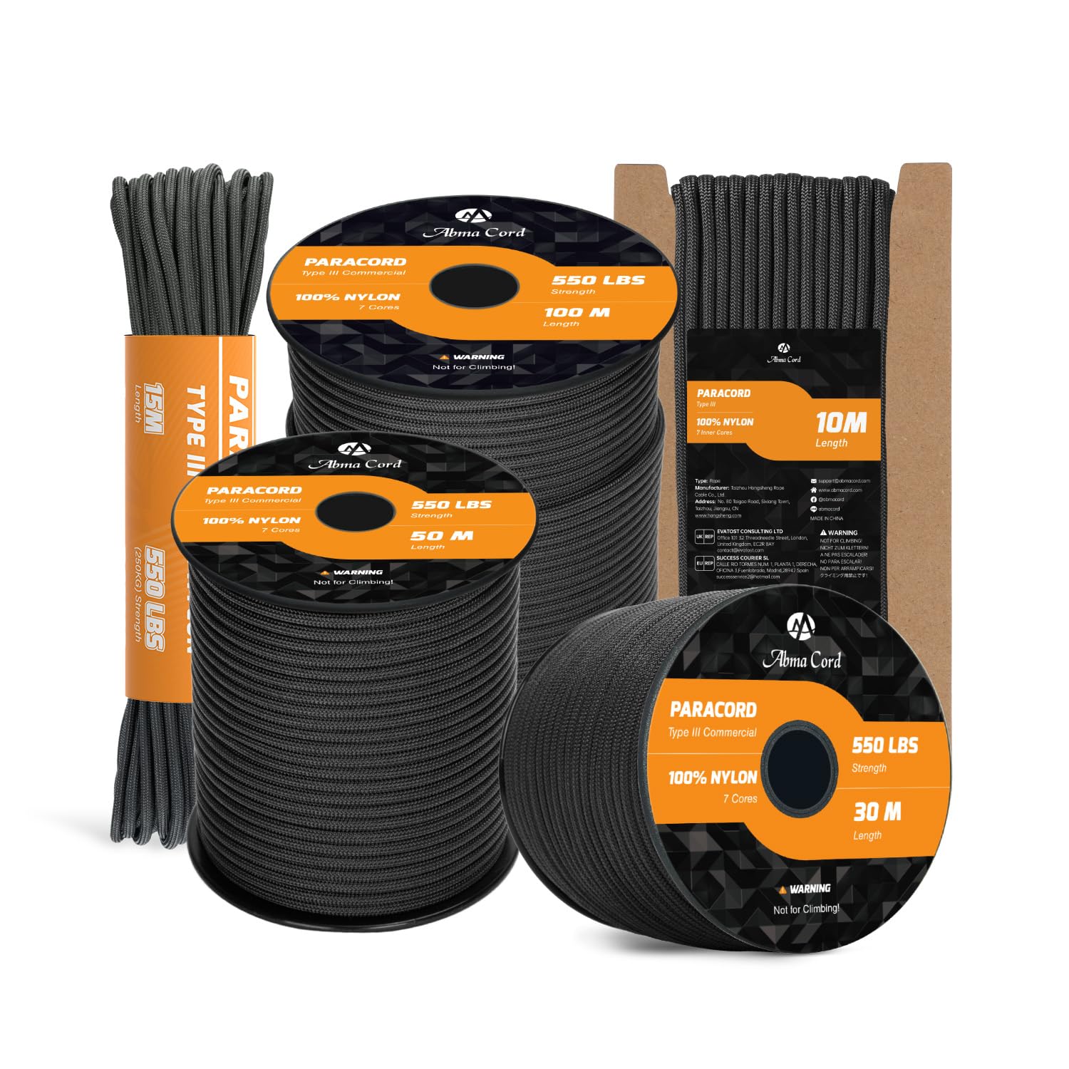 Abma Cord Paracord 550 4mm 30m 100% Nylon Rope Type III 7 Strands Parachute Cord for DIY, Camping, Survival, Outdoor - Max. 250kg - Black