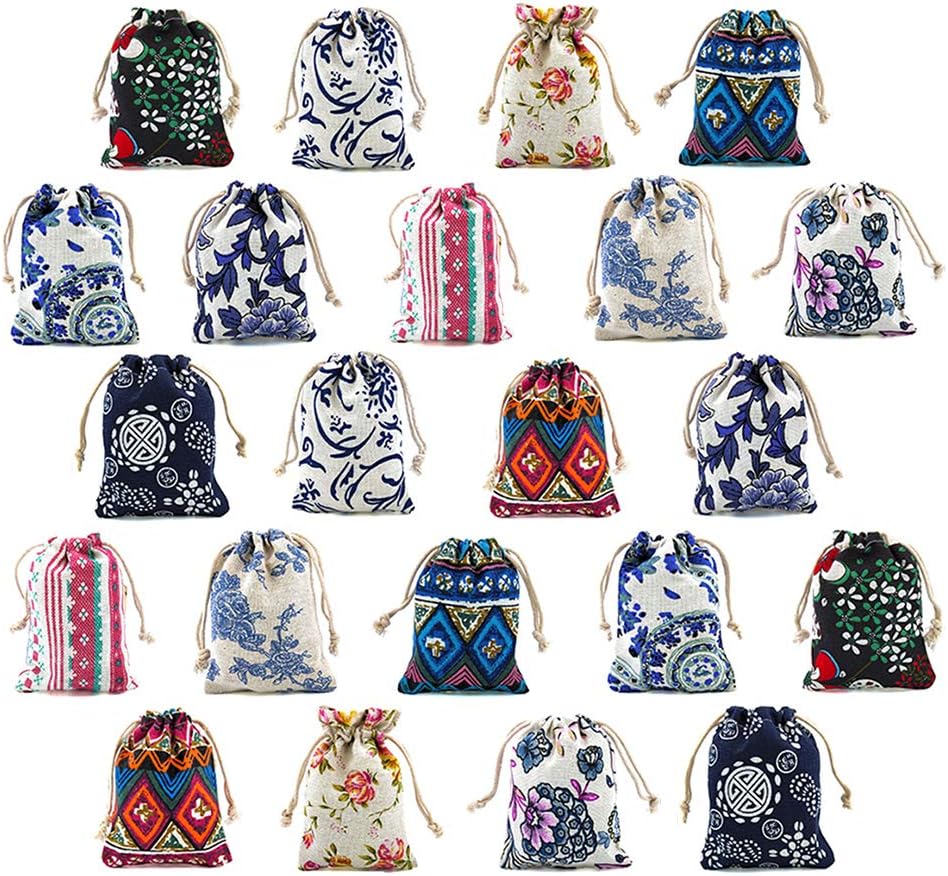 22pcs Retro Ethnic Pattern Cotton Canvas Jewelry Pouch Candy Chocolate Bag Drawstring Coin Purse Sachet Travel Gift Value Storage Set