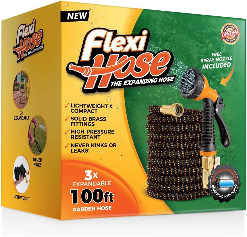 Flexi Hose Lightweight Expandable Garden Hose | No-Kink Flexibility - Extra Strength with 3/4 Inch Solid Brass Fittings & Double Latex Core | Rot, Crack, Leak Resistant (100 FT, Orange/Black) : Garden & Outdoor
