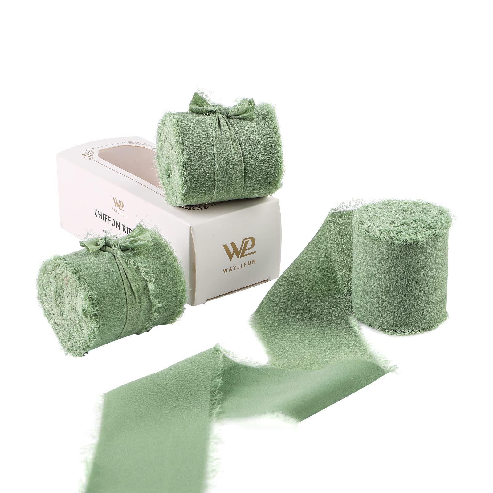 Waylipun Handmade Fringe Chiffon Ribbons, 3 Rolls 2" x 7Yd Total 21Yd Frayed Edge Fringe Smooth Ribbon for Wedding Invitations, Bridal Bouquets, Gifts Wrapping, DIY Crafts Decoration - Sage Green