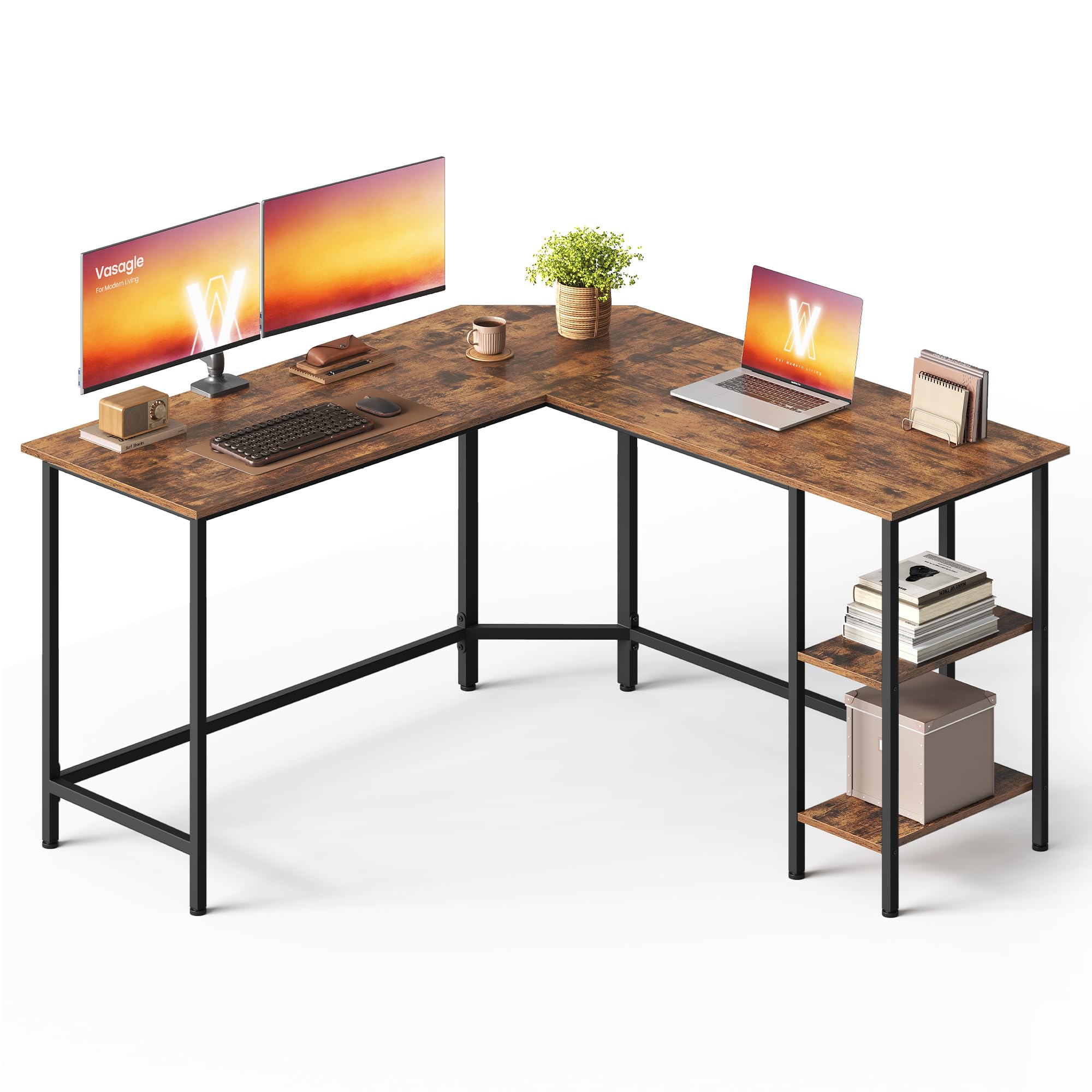 VASAGLE Computer Desk, L-Shaped Corner Desk, Gaming Desk, Workstation with 2 Storage Shelves for Home Office, Space-Saving, Easy to Assemble, Rustic Brown and Black LWD72X