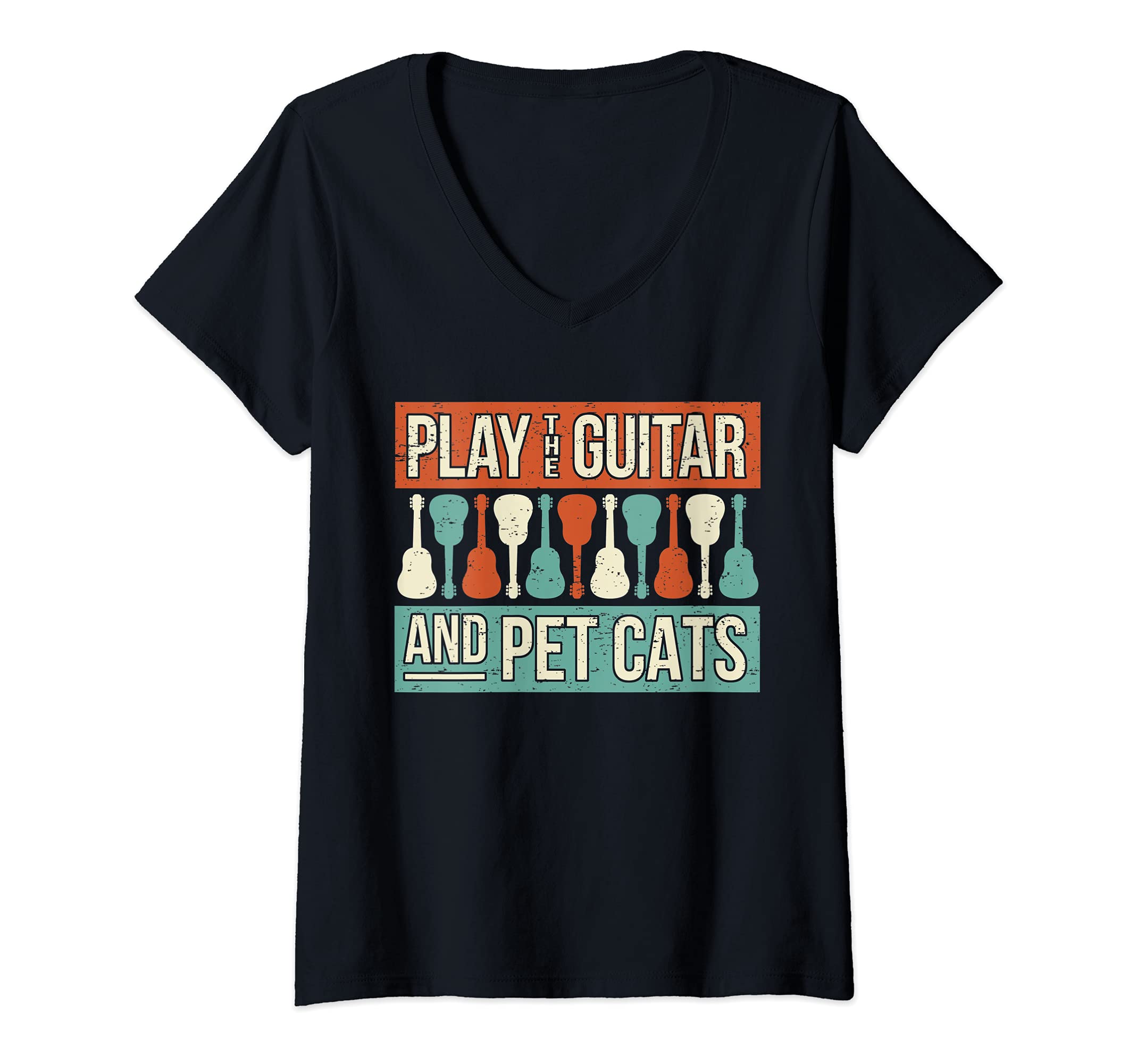 Womens Retro Cat Owner Guitar Player Saying Guitarist I Pet Cats V-Neck T-Shirt