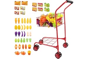 deAO Shopping Cart for Kids,Metal Toy Shopping Cart for Toddlers 46 PCS Food Fruit Vegetables Pretend Play Food Role Play,Educational Toy Play Kitchen Toys for Boys Girls Kids