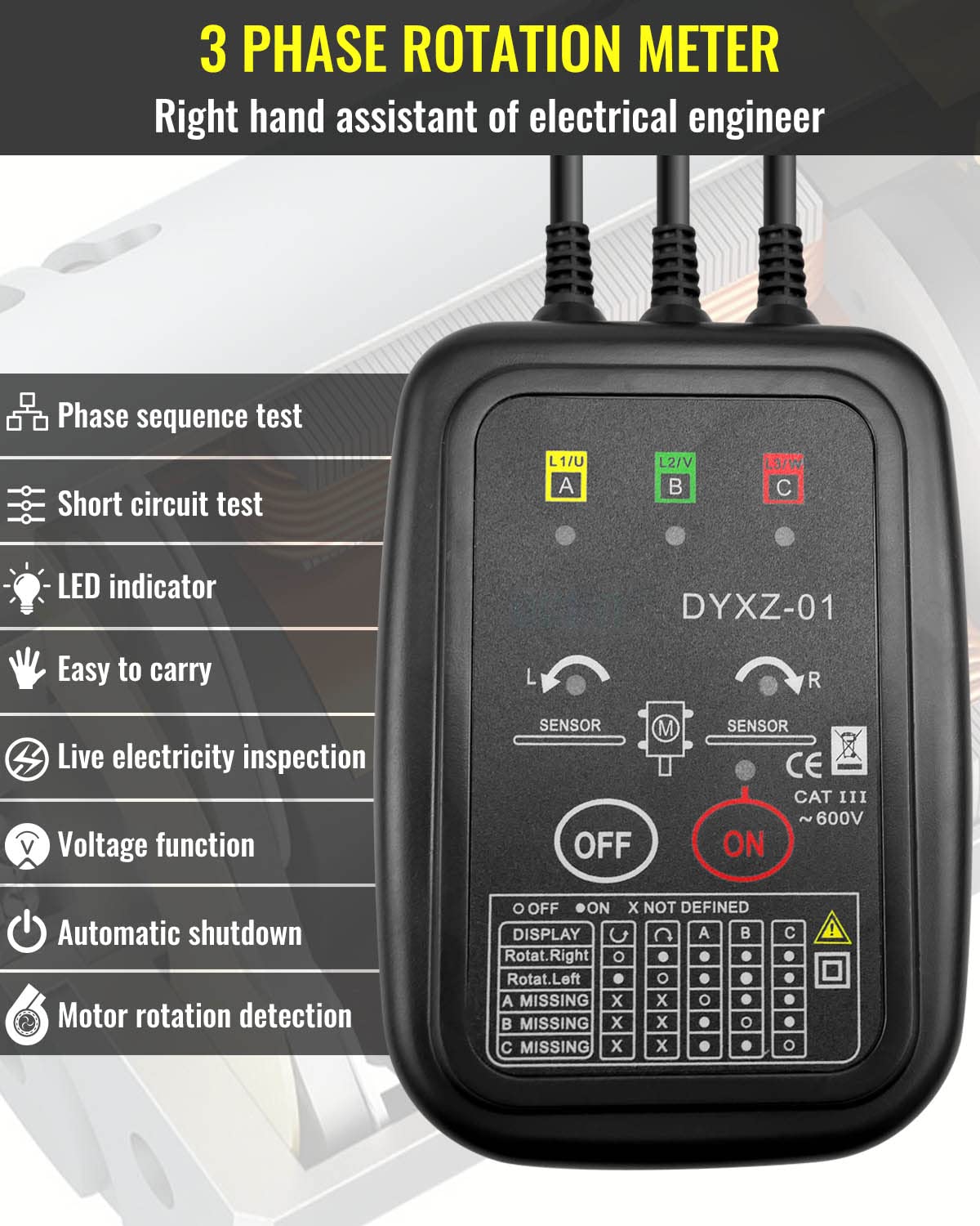 Motor Rotation Direction Detector Mua Phase Rotation Meter Non-Contact 3 Motor Rotation Tester AC 70~600V ...