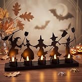 Bucherry Halloween Dancing Witches Metal Candle Holder with LED Decor | Vintage Centerpiece, Metal Witch Silhouette Wooden Base, LED Tea Candles Included For Home Office Party Decorations