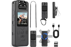 DAHOCAMGO 4K Body Camera, Body Cameras with Audio, Mini Body Cam with 180° Rotating Lens, 64G Video Camera Wearable Camera with 6HR Battery, IR Night Vision for Pet, Office, Police Law Enforcement (4K 64G)