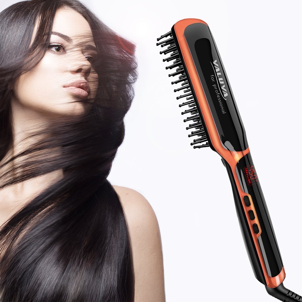 Hair Straightener Brush,YALUYA Ceramic Irons Straightener Brush Detangling and Silky Frizz-free Electric Comb,Amber Gold / Black